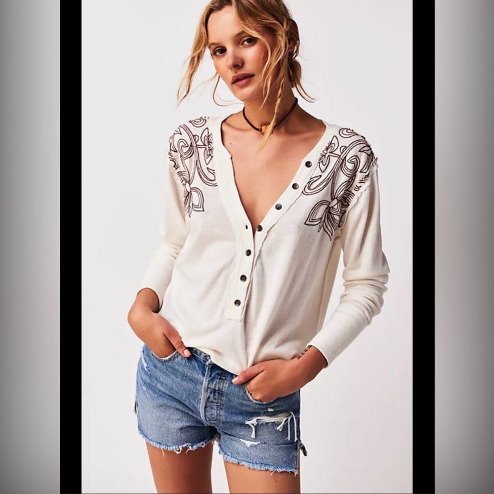We the free on fire Henley thermal shirt top boho women's S